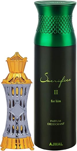 Ajmal Mizyaan Concentrated Perfume Oil Oriental Musky Alcohol-free Attar 14ml for Unisex and Sacrifice II for Him Deodorant Fruity Aromatic Fragrance 200ml for Men FREE
