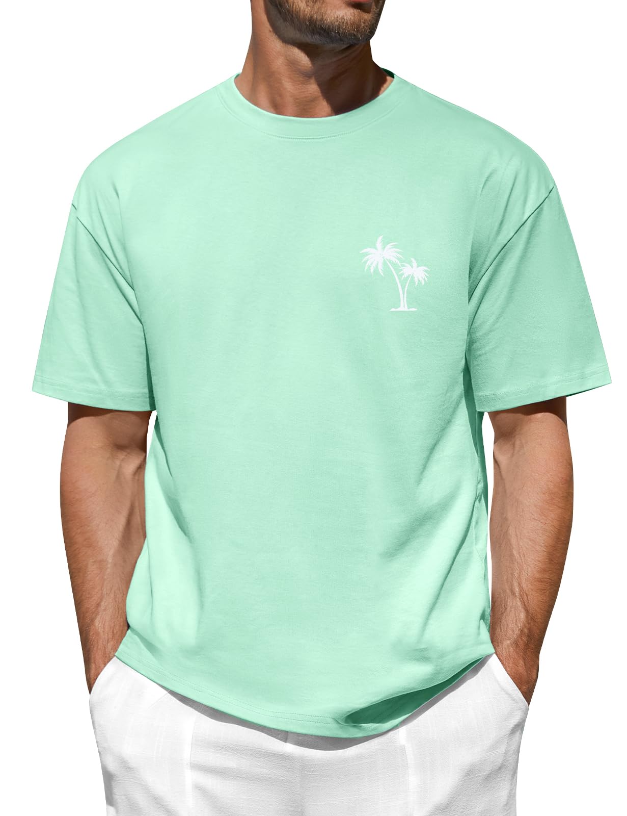 TOMEEK Herren Oversize T Shirt Sommer, Baumwolle T-Shirt Rundhals Kurzarm Lose Casual Tshirt Palm Gemustert Mode Männer Oberteile Basic Top