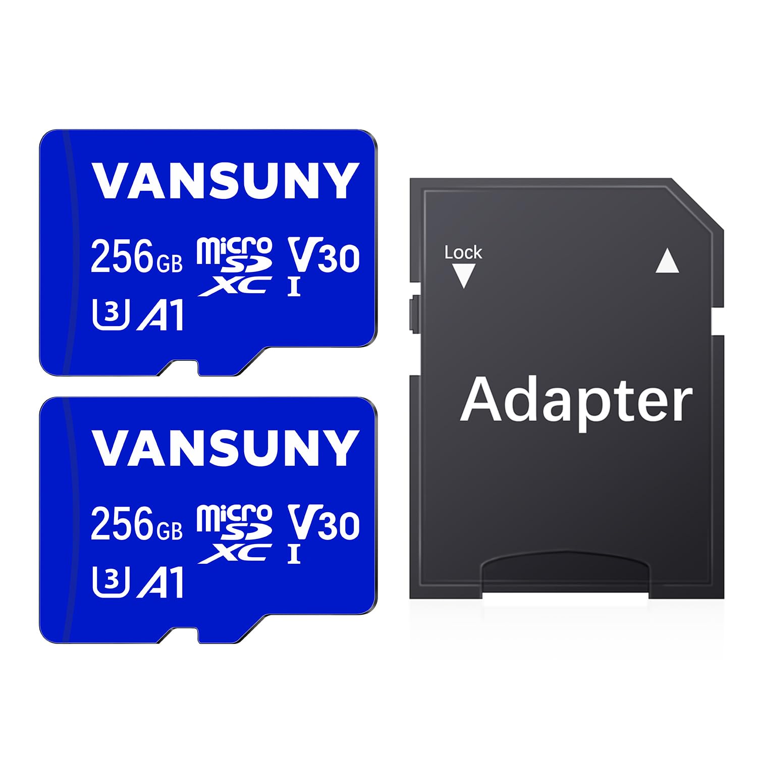 Vansuny 2 Pack 256GB Micro SD Card, MicroSDXC Memory Card + SD Adapter up to 100/60MB/s(R/W) with A1 App Performance, UHS-I, Class 10, U3, V30, 4K Video Recording