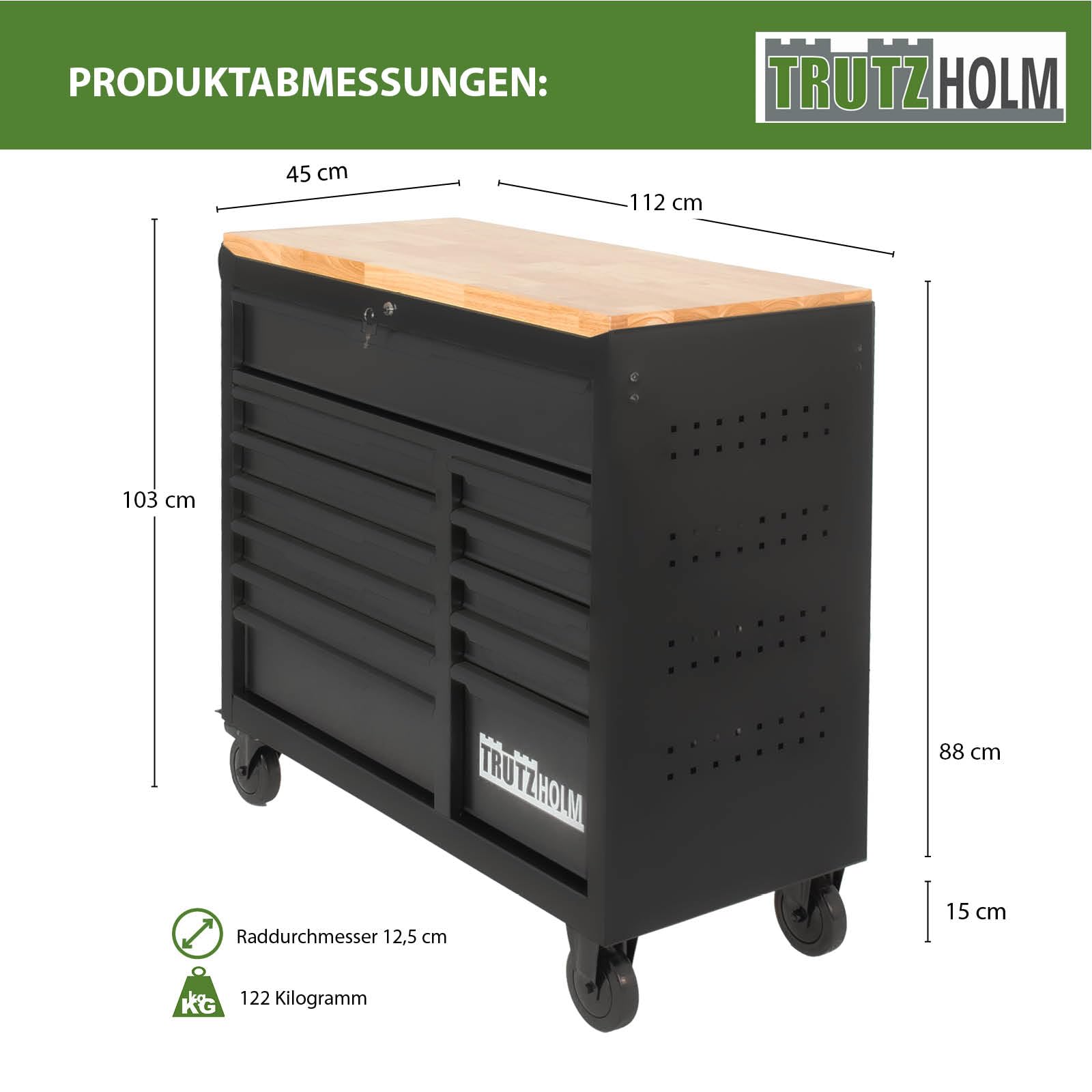 TRUTZHOLM Werkstattwagen Star XL 12 Schubladen unbestück Hartholz-Arbeitsplatte 103 x 112 cm mit Feststellbremsen, abschließbar Werkzeugwagen Anthrazit