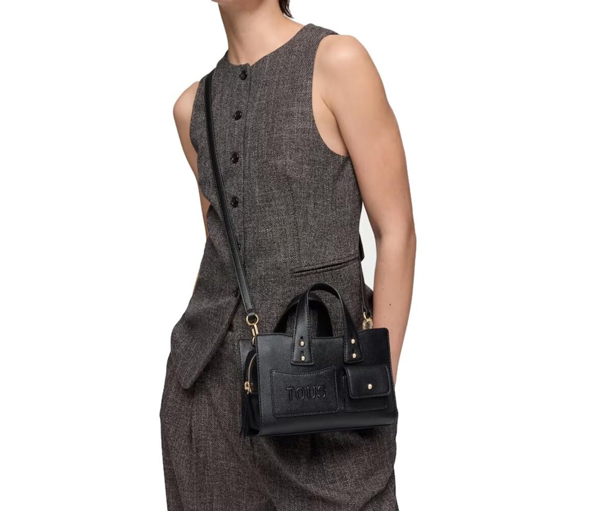TOUS Bolso de Mano Negro con Asa, Diseño con Bolsillos Frontales y Correa Ajustable