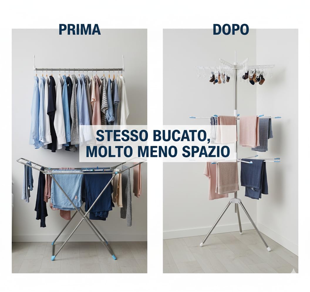 Generico Stendibiancheria Verticale Salvaspazio 170 cm – Stendino a Torre con Bracci Rotanti 360°, Pieghevole, per Interni ed Esterni, Base Stabile a Treppiede