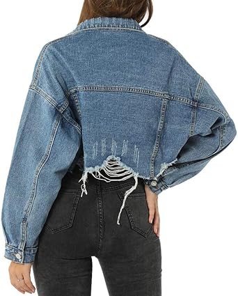 Women's Denim Jacket Distressed Oversized Short Crop Jean Top