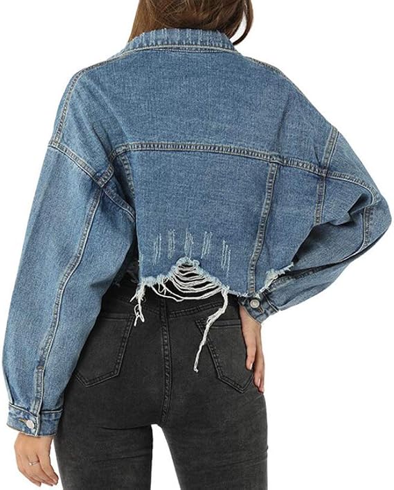 Women's Denim Jacket Distressed Oversized Short Crop Jean Top