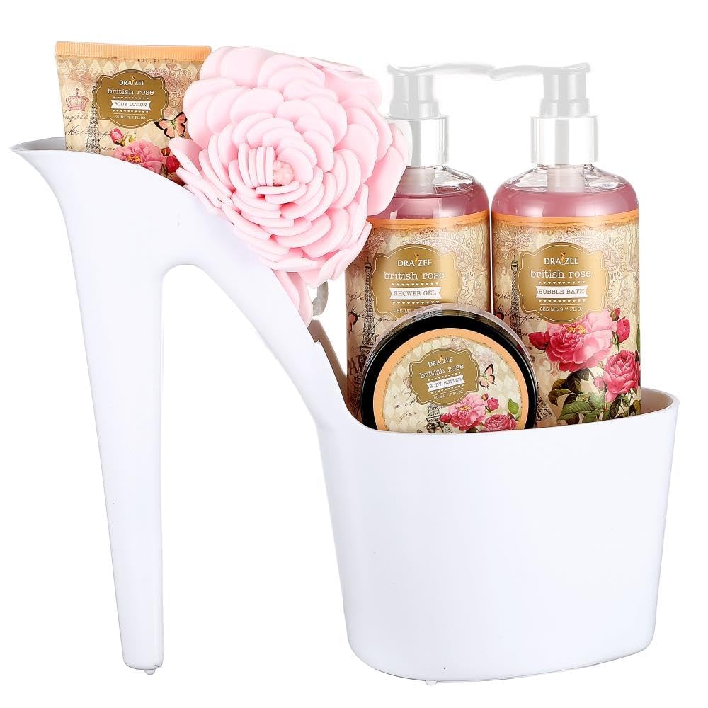 Valentine's Day Gifts for Women - 8 Pcs Luxury Rose Scented Heel Shoe Design Bath and Body Spa Basket - Shower Gel, Bubble Bath, Body Butter, Lotion & More -Gift for Her, Mom, Wife, Friends by Draizee