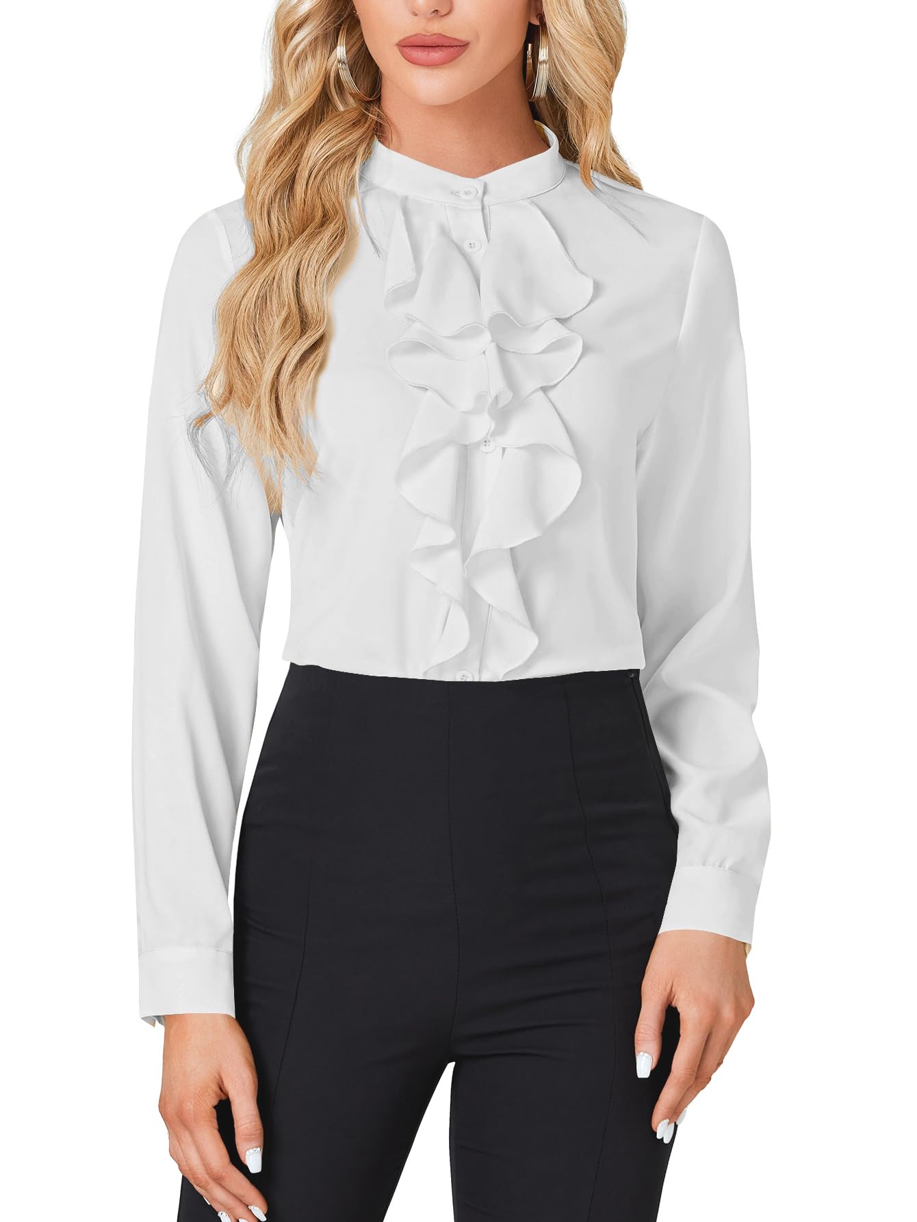 LYANER Women's Mock Neck Button Down Ruffle Front Long Sleeve Work Shirt Blouse Tops