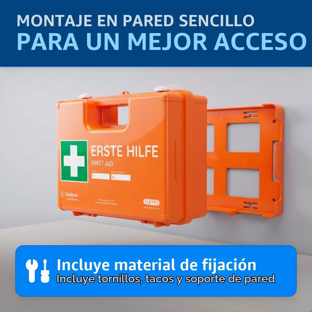 Maletín de primeros auxilios para operaciones con contenido según DIN 13157 en naranja, botiquín relleno y con soporte de pared