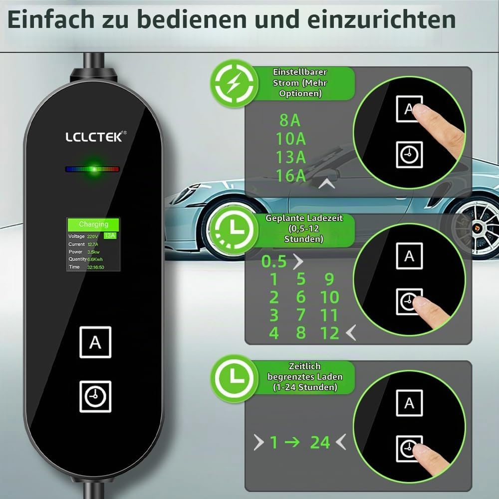 5m Typ 2 Ladekabel Schuko Stecker 3.68kW [1-phasig,8A～16A], EV Chargers mit Steuerbarer Digitalanzeige für PHEV/EV, EV Ladegerät Mobile wallbox ladekabel Auto typ 2 schuko tecker