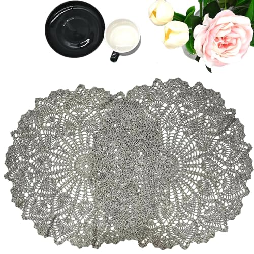 BIBITIME 2PCS 16 in to 18 in Lace Placemats Table Doilies Round Handmade Crochet Doily Kitchen Cup Mug Mats Coasters Grey