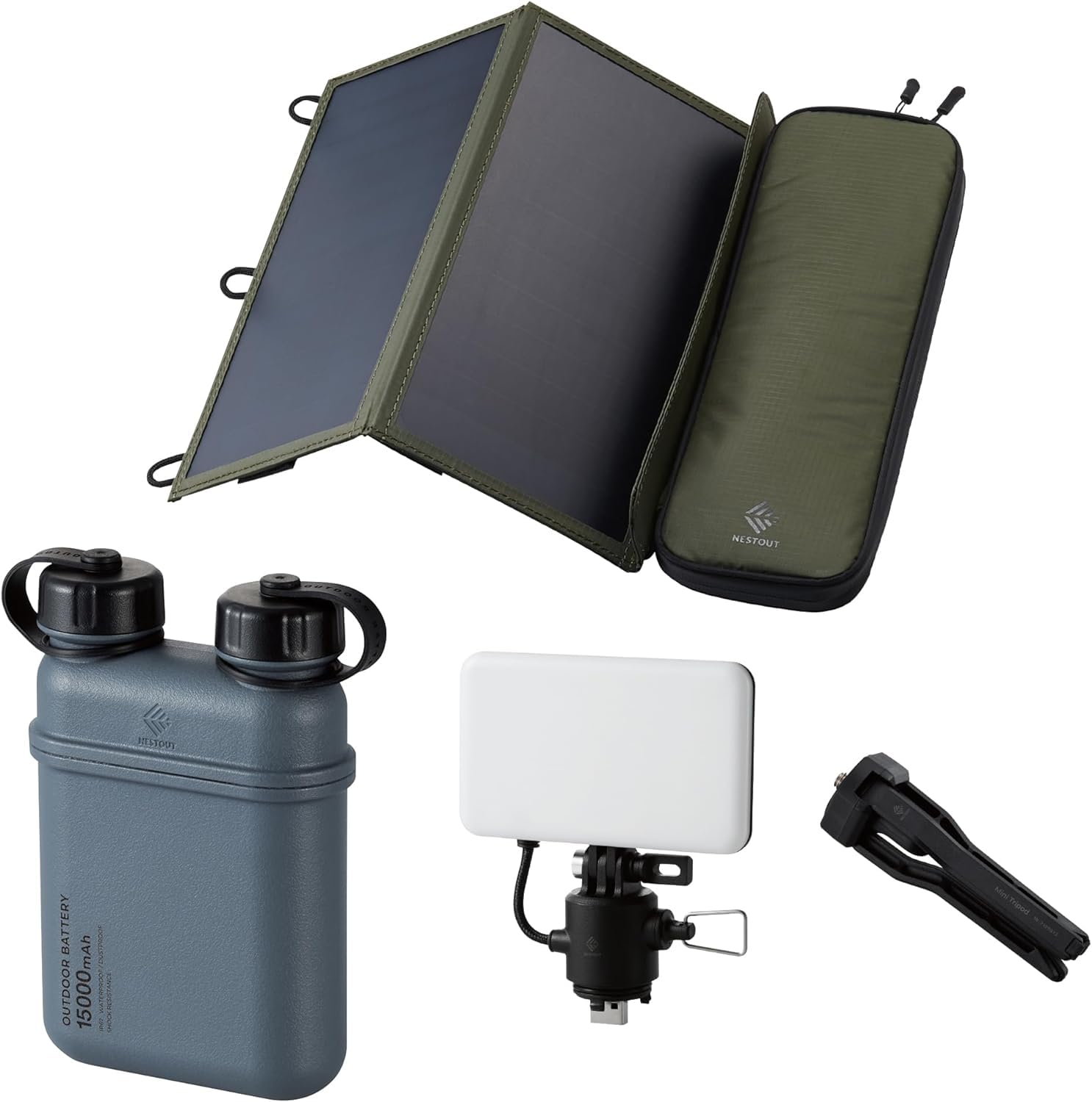ELECOM NESTOUT 15000mAh Outdoor Power Bank 2-Panel Solar Panel Charger Flash-1 LED Flash Light Panel 1000 Lumen -