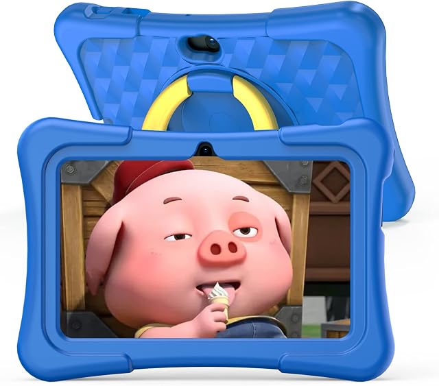 PRITOM 7 Inch Kids Tablet Android 11 Quad Core 2GB RAM 32GB ROM BT WiFi Dual Camera Educational Games Child Lock Pre-Installed Kids Software with Kids Tablet Case Type C Blue
