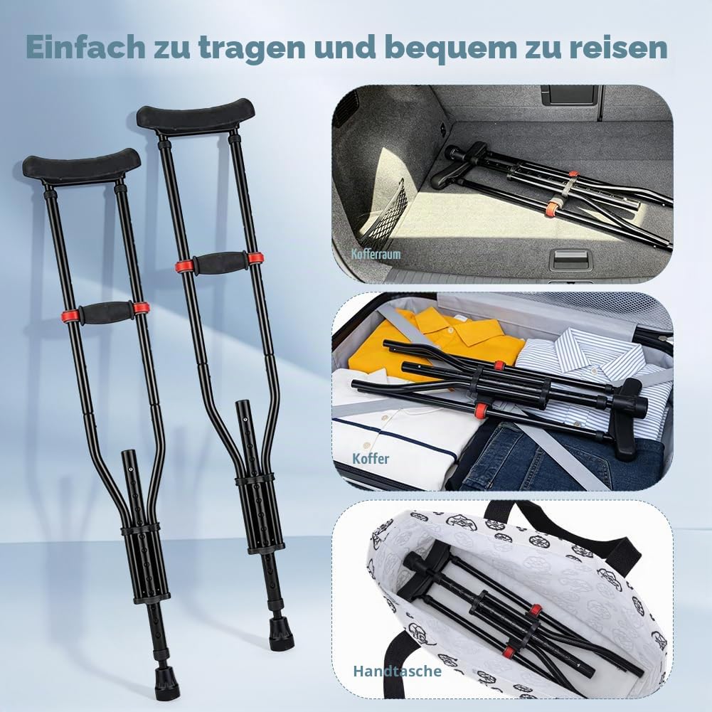 Krücken Unterarmgehstützen, Höhenverstellbar Klappbarer Achselkrücken, 150 KG Belastbar, Aluminium Gehhilfe mit Weichen Unterarm- und Handauflagen, 1 Paar