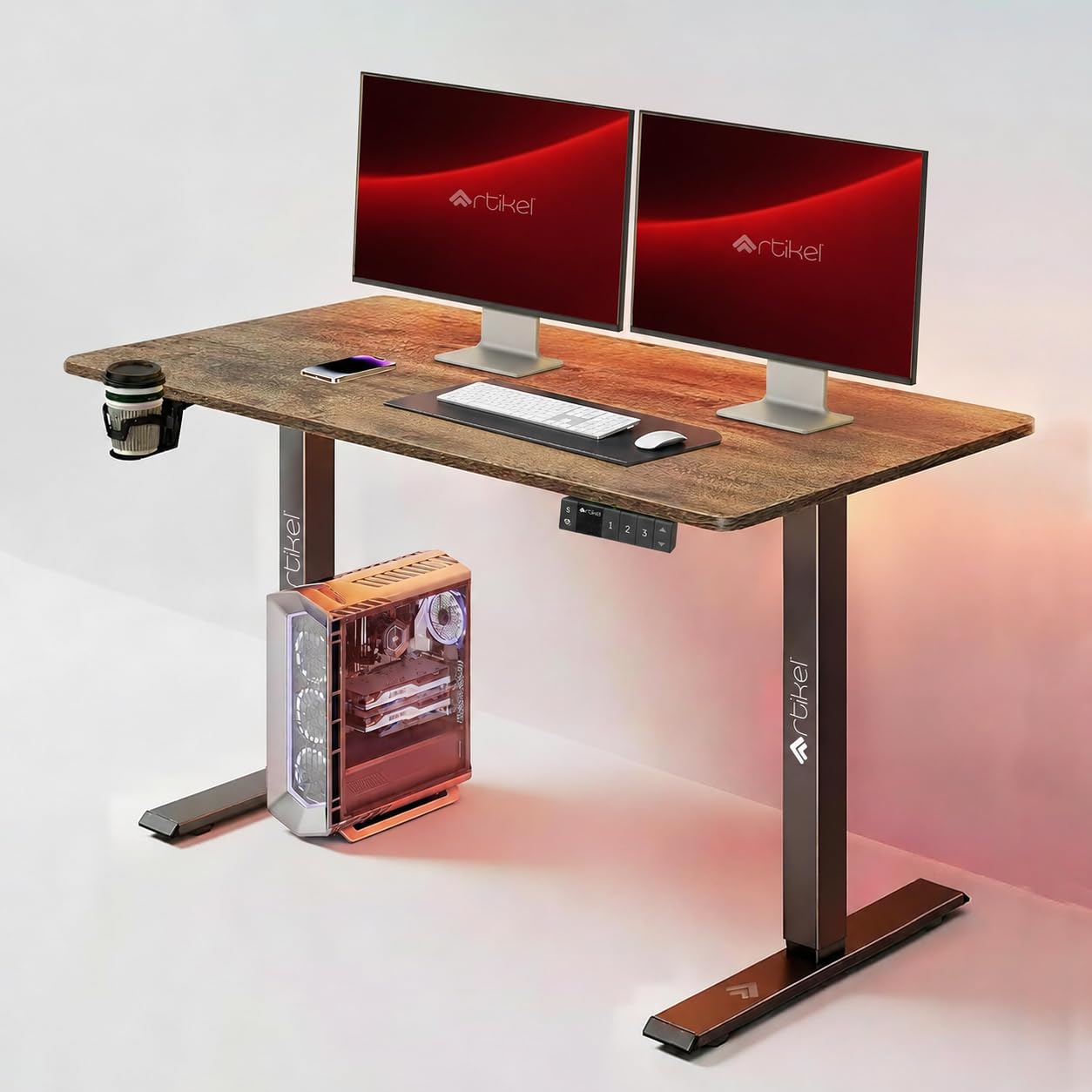 ARTIKEL Artidesk Lite Electric Height Adjustable Table for Office & Home | Type-C Charging Port| Sit Stand Gaming Desk|80Kg Wt Lift | Cup Holder Headphone Hook & Cable Management|120X60Cm | Brown