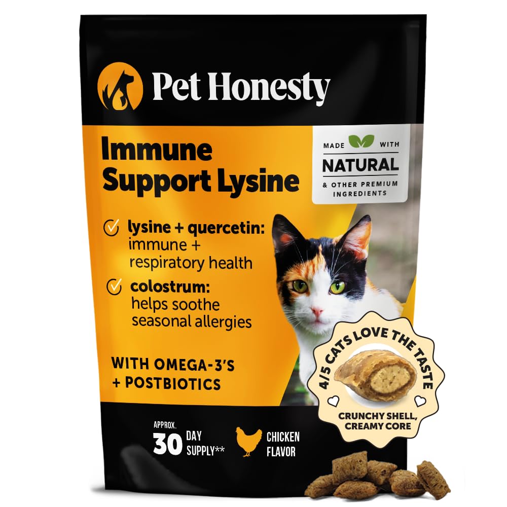 Pet Honesty Cat Immune Support Lysine - Cat Allergy Relief - Sneezing, Runny Nose, Watery Eyes - Cat Supplements & Vitamins with Omega 3s, L-Lysine, Antioxidants, Colostrum - Chicken (30 Day Supply)