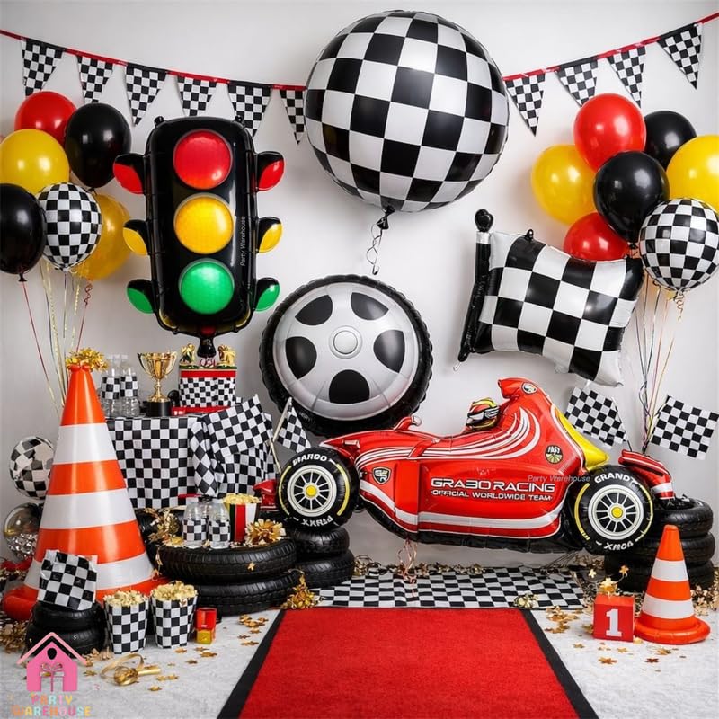 Image of Party Warehouse Racing Theme Foil Balloons Set|Car,Tyre,Traffic Light,Cone & Checkered Flag Balloons for Kids Birthday,Car Party, Formula Race Day & Motorsport Theme- XL Size-6 Pcs