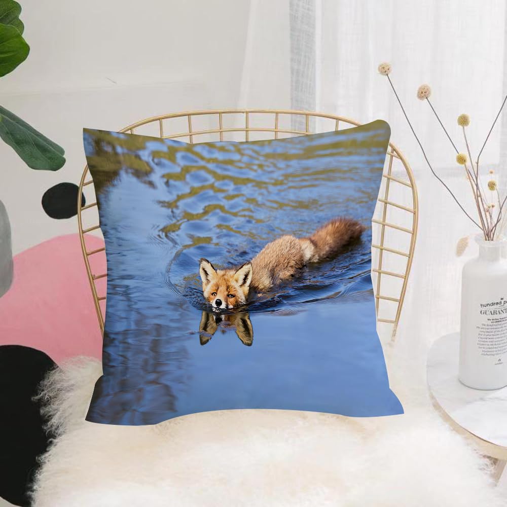 HYMSXW Cushion Cover,Throw Pillow Case Home Decorative for Living Room Bedroom Sofa Chair 20X20 Inch,Fox,Cute Fox Swimming in Blue River Natural Life Mammal Wild Animal Image Print,Pillowcase 50X50cm