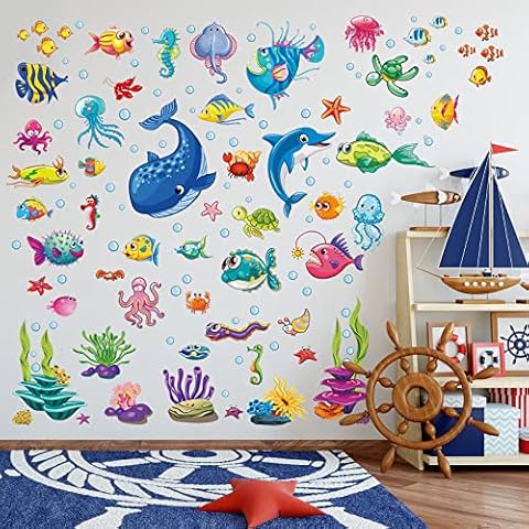 Prabahdak Decorative Fish Wall Stickers Under The Sea Fish and Coral Reef Wall Decals Peel and Stick Watercolor Ocean Creatures Wall Decor for Kid Baby Nursery Bedroom Bathroom Bedroom Living Room Cover