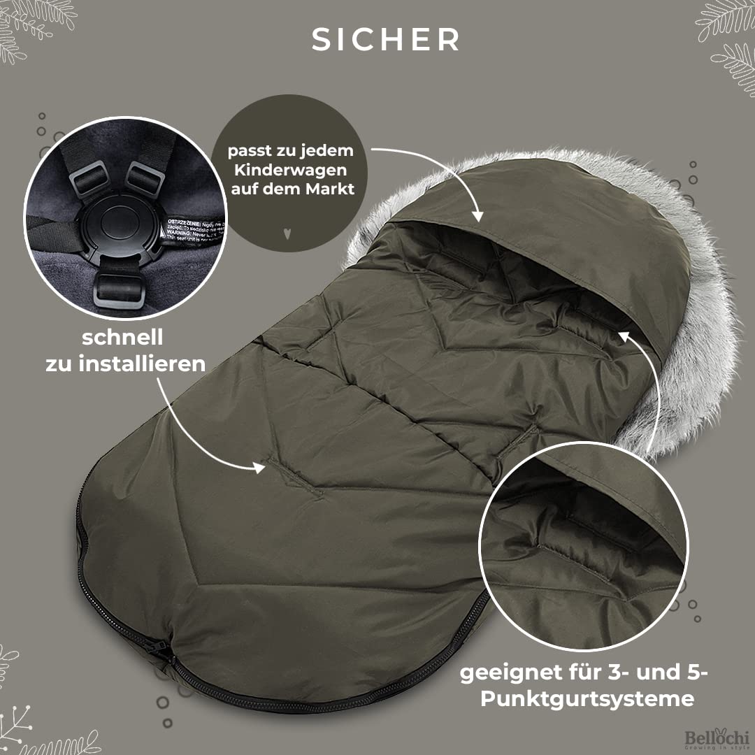 Bellochi Fußsack Kinderwagen Winter Universal Fußsack Buggy Winter - Kuschelig Warme Wintersack Kinderwagen mit Reißverschluss und Pelz (X - Khaki)