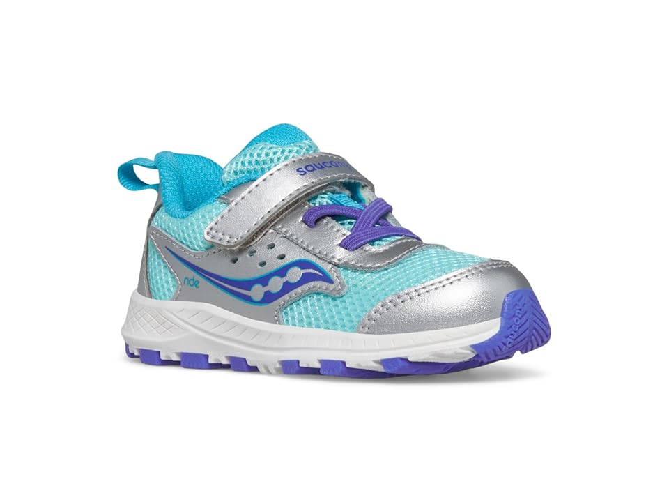 Saucony Kids Ride JR (Toddler) (Silver/Turq) Kids Shoes INTERNATIONAL SHIPPING