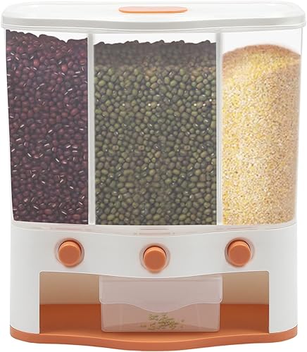 Eapmic Dispensador de arroz con taza, dispensador de alimentos secos de 3 rejillas montado en la pared, contenedor de almacenamiento de cereales