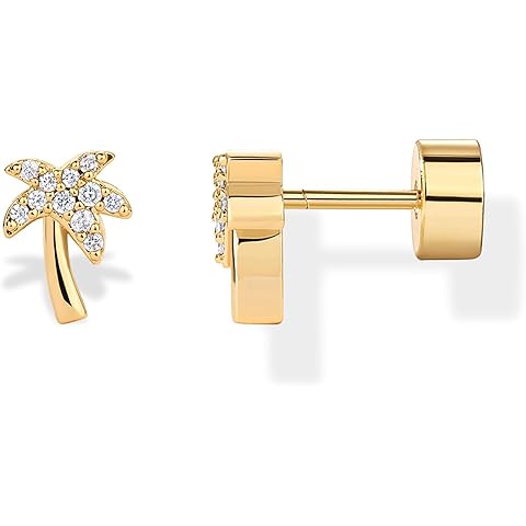 PAVOI 14K Gold Plated Dainty Flat Back Earrings for Women - Hypoallergenic Sterling Silver Posts Helix Cartilage Piercing Jewelry - Emoji Motif Bow Celestial Flatback Gold Stud Earrings Screw Back