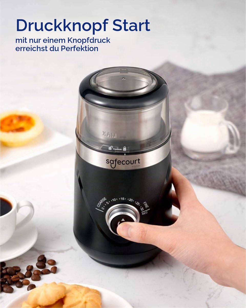 Safecourt Kaffeemühle Elektrisch, Automatisch getaktetes Präzisionsmahlwerk,Gewürzmühle mit Edelstahlklingen für Kaffeebohnen, trockene Zutaten, leises Mahlen, 80g abnehmbar