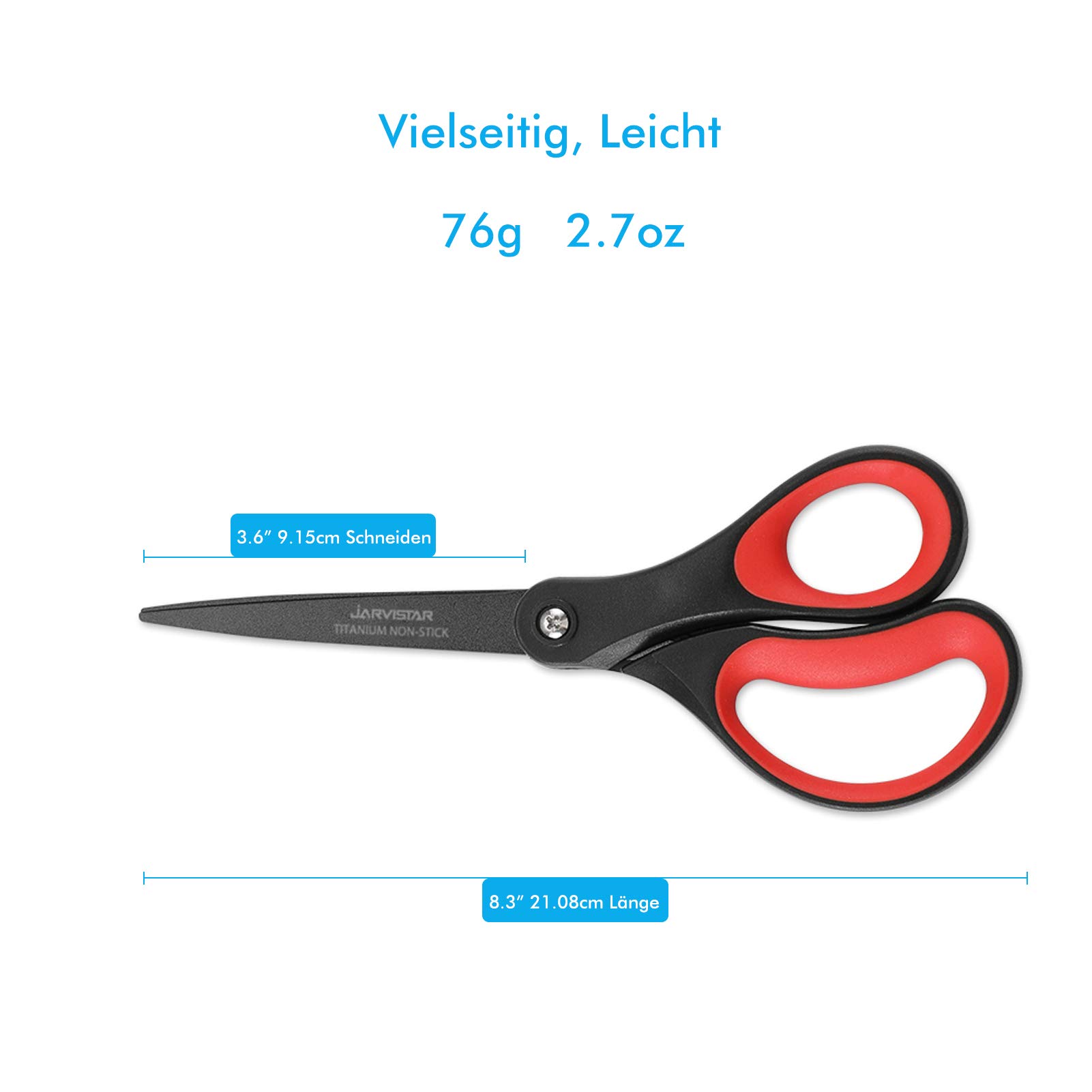 JARVISTAR Forbici Multifunzione, Forbici da ufficio, Lame Rivestita in Titanio Super Affilate, Impugnatura Morbida e Confortevole, Forbici Set, 21 cm, 2 pezzi (Rosso/Nero)