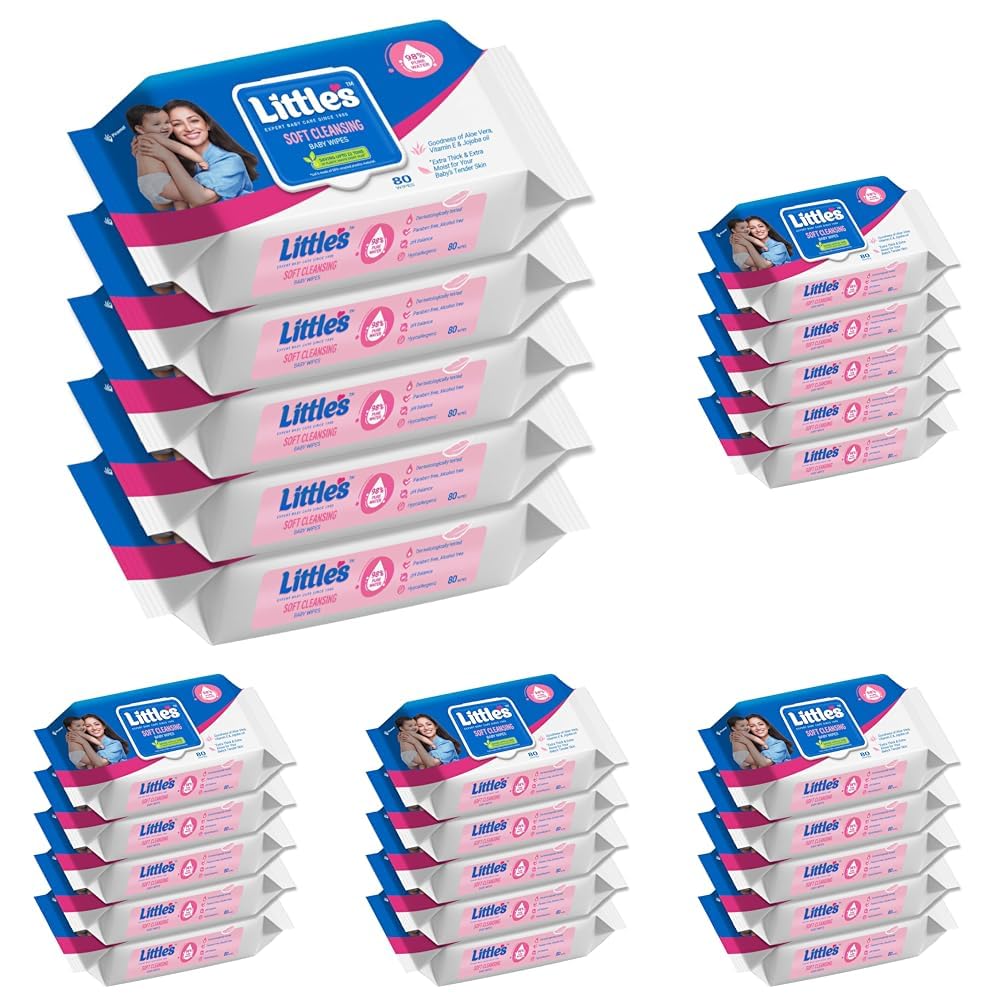 Little's Soft Cleansing Baby Wipes with Lid | 80 Wipes x Pack of 25-400 Wipes | Extra Thick & Moist Wet Wipes for Baby's | Prevents Rashes & Redness with Goodness of Aloe Vera, Vitamin E & Jojoba Oil-picture-20