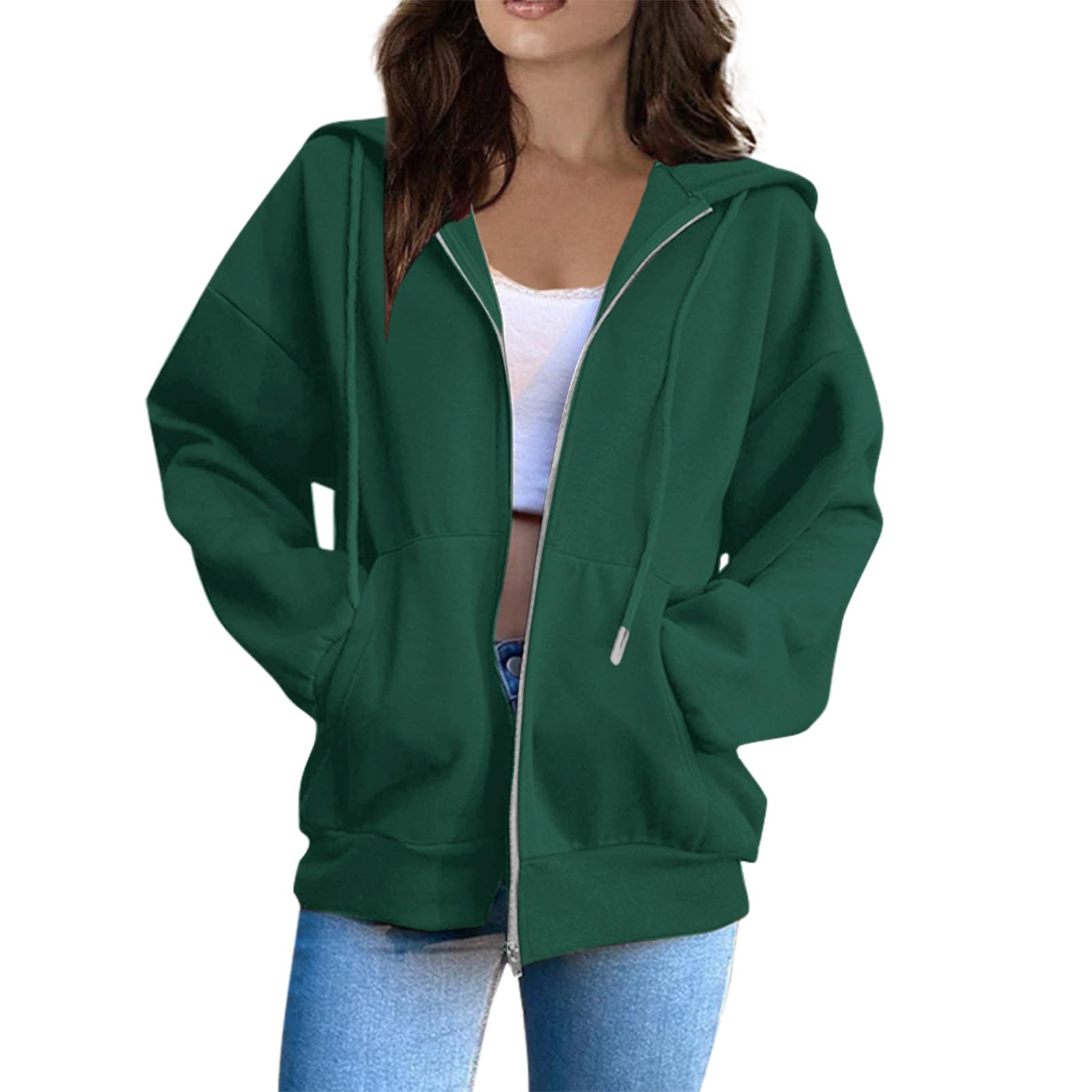 MKLUNJOPHoodies for Women Plus Size Women's Casual Fashion Solid Color Long Sleeve Zipper Hooded Sweatshirt