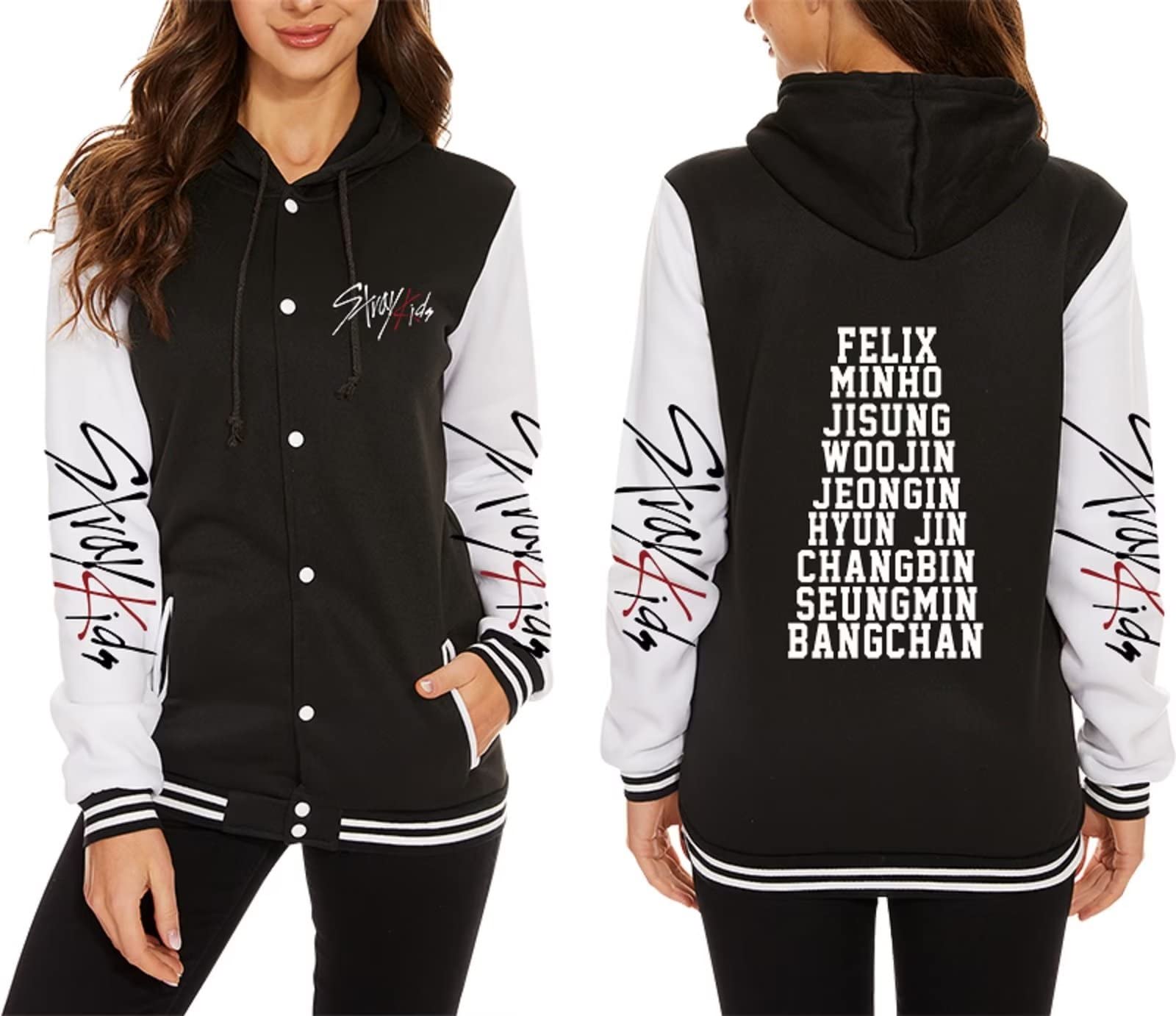babyhealthyWomen Kpop StrayKids Varsity Jacket Hoodie Bangchan Felix Hyunjin Jeongin Pullover Sweatshirt