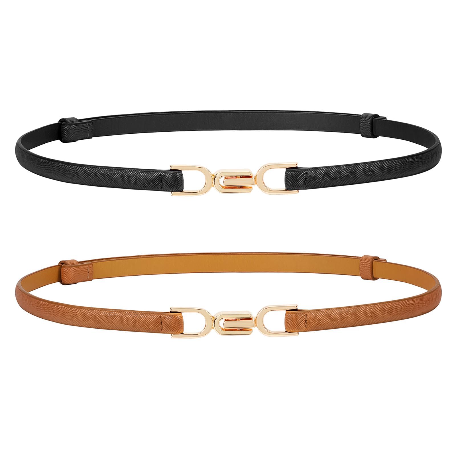 2 Pack Women Skinny Leather Belt Adjustable Thin Waist Belt Fashion Buckle Belt for Dress