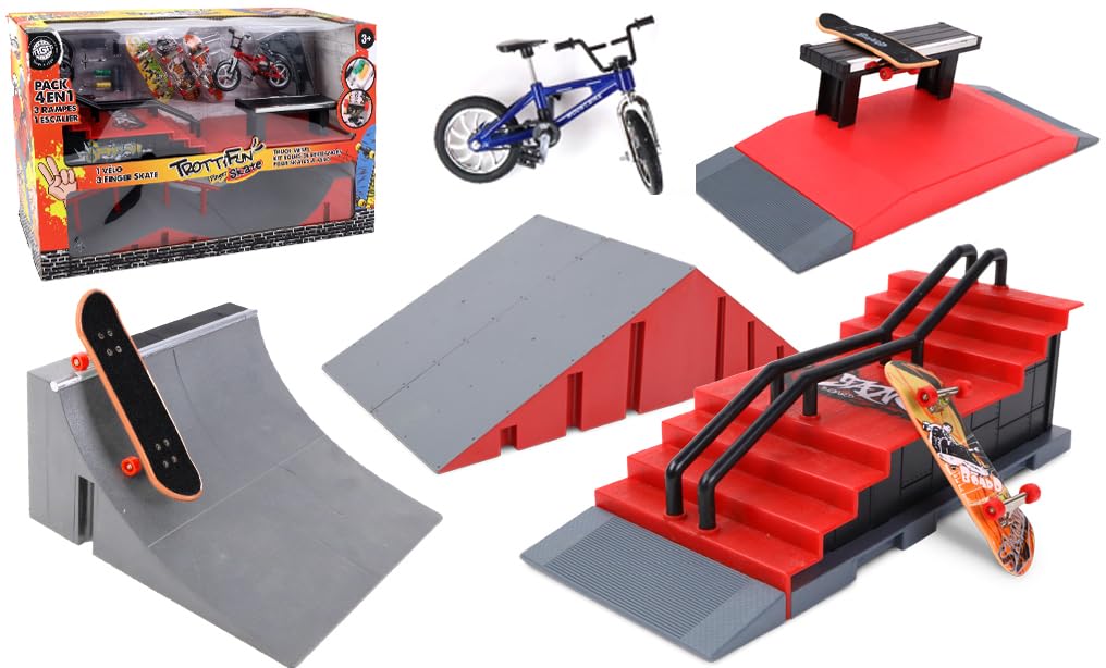 Set 3 Finger Skates, 4 Rampes et 1 Vélo - 031439 - Métal et Plastique - Skateboard - Doigt - Jouet Enfant - Anniversaire - Cadeau - Planche à Roulette - À Partir de 3 Ans