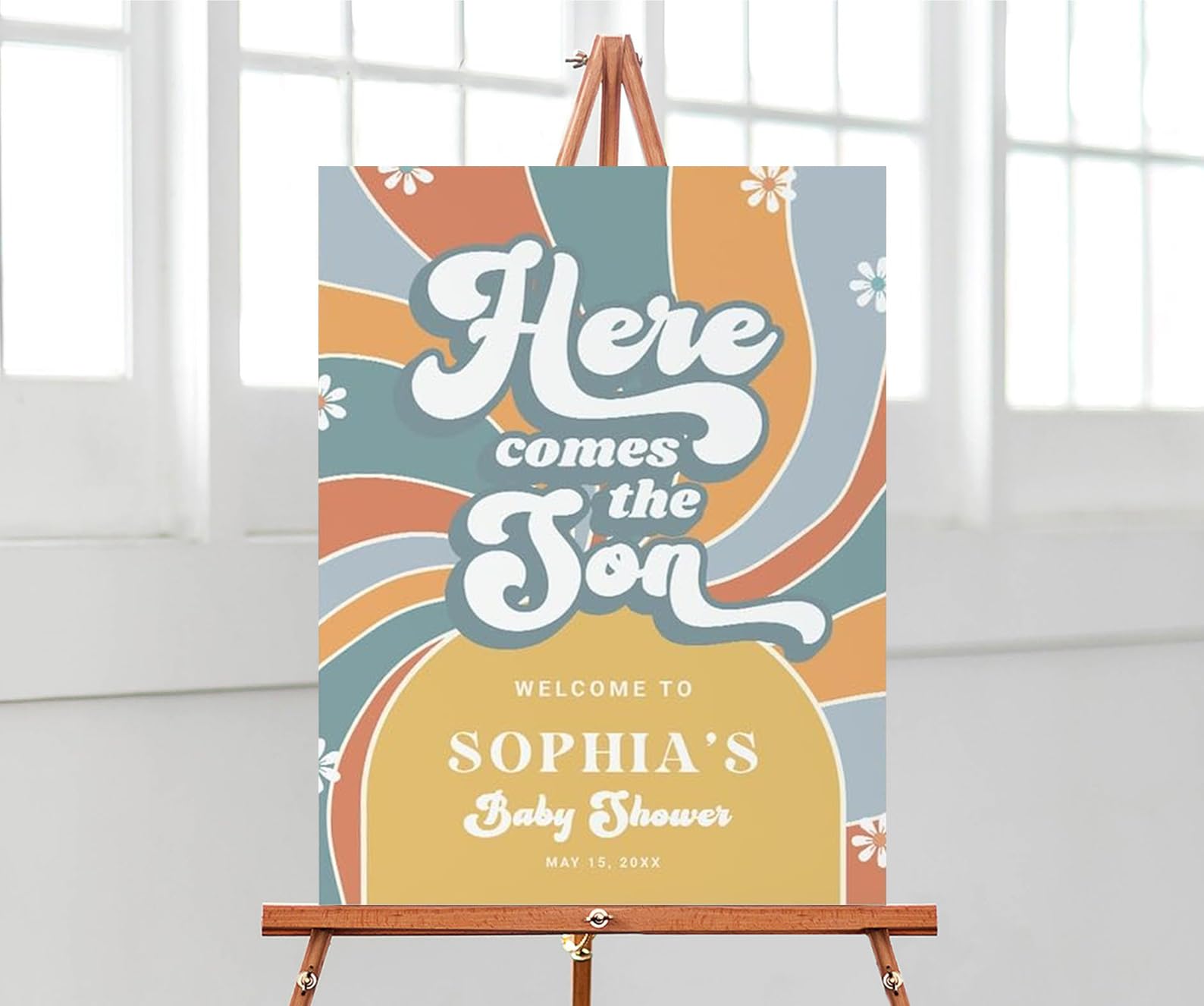 Custom Baby Shower Sign, Here Comes The Son Baby Shower Sign, Retro Sun BabyShower Welcome Yard Sign