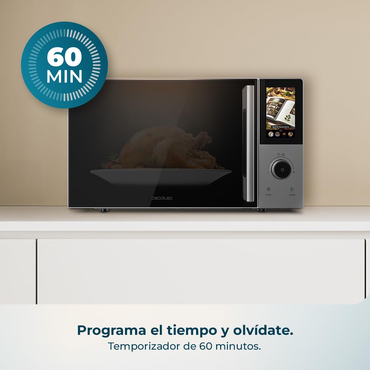 Cecotec Microondas Digital, Táctil, Convección y Grill 28L Convection 2800 Touch. 900W en 5 Niveles, Grill 1200W, Convección 2200W, 8 Programas, Plato 315mm, Temporizador y Señal de Finalización