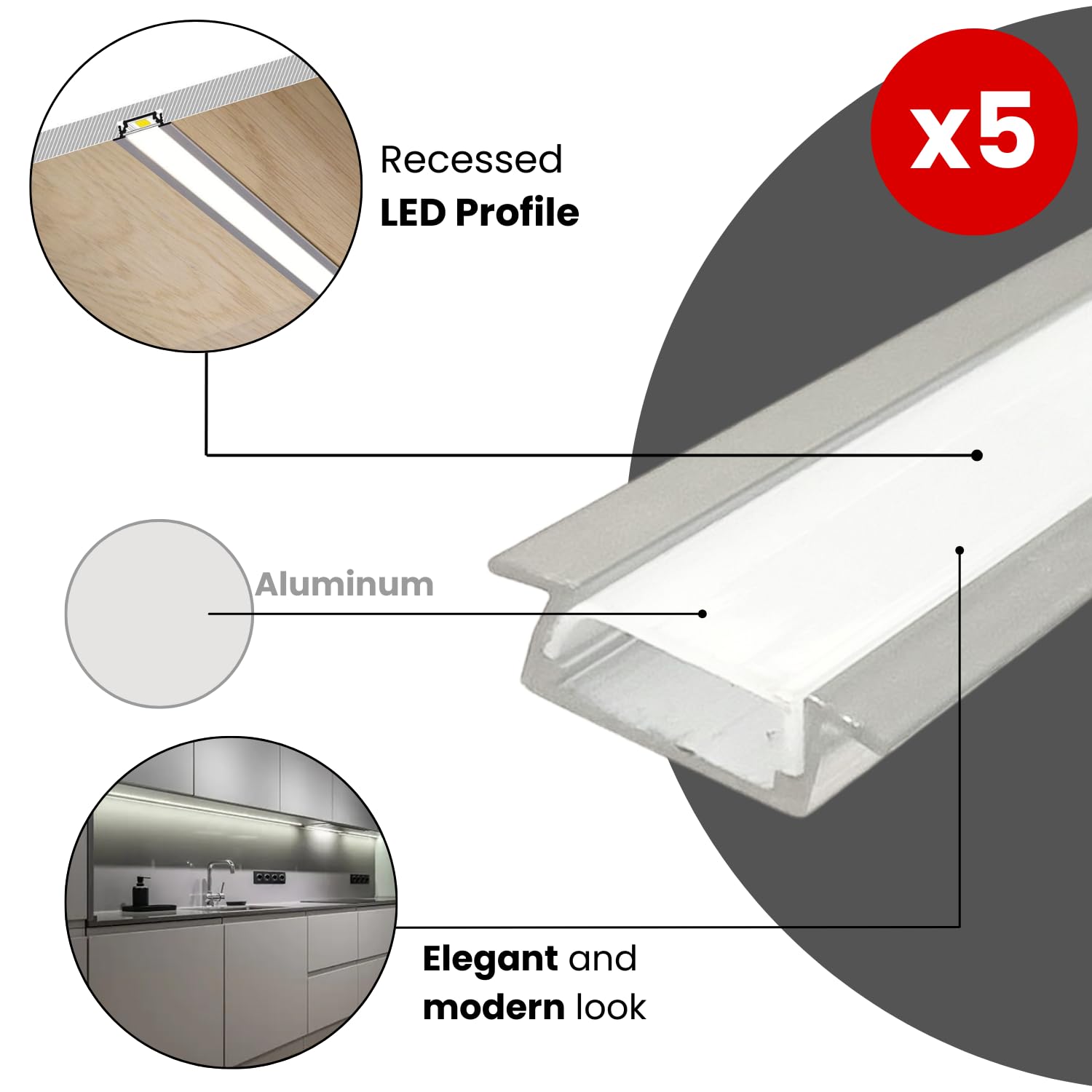 Profil LED en aluminium encastrable 2 m x 5 pièces avec couvercle pour bandes LED et embouts, éclairage intérieur