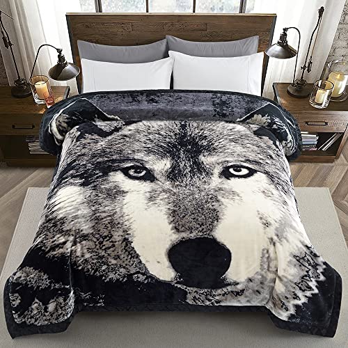 Marina Decoration Reversible 8 Lb Oversized Heavy Woven Fluffy Plush Soft Warm Korean Style Mink 2 Ply Rich Printed Animal Flannel Fleece Throw Raschel Blanket, 78 X 86 Inch Wolf Pattern #TOP7