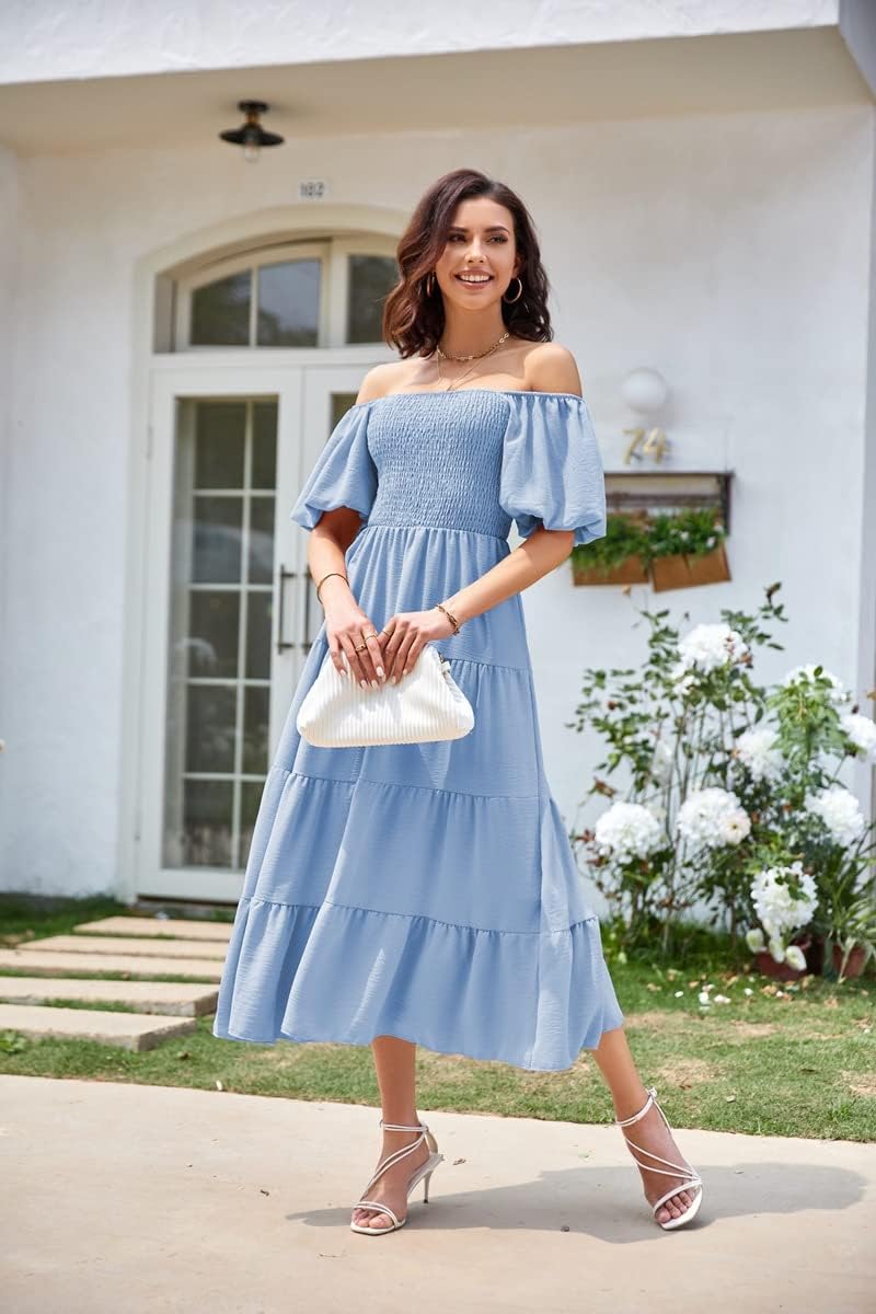 Plustrong Womens Square Neck Smocked Boho Maxi Dress Summer Flowy Long Beach Party Wedding Guest Dresses - Image 3