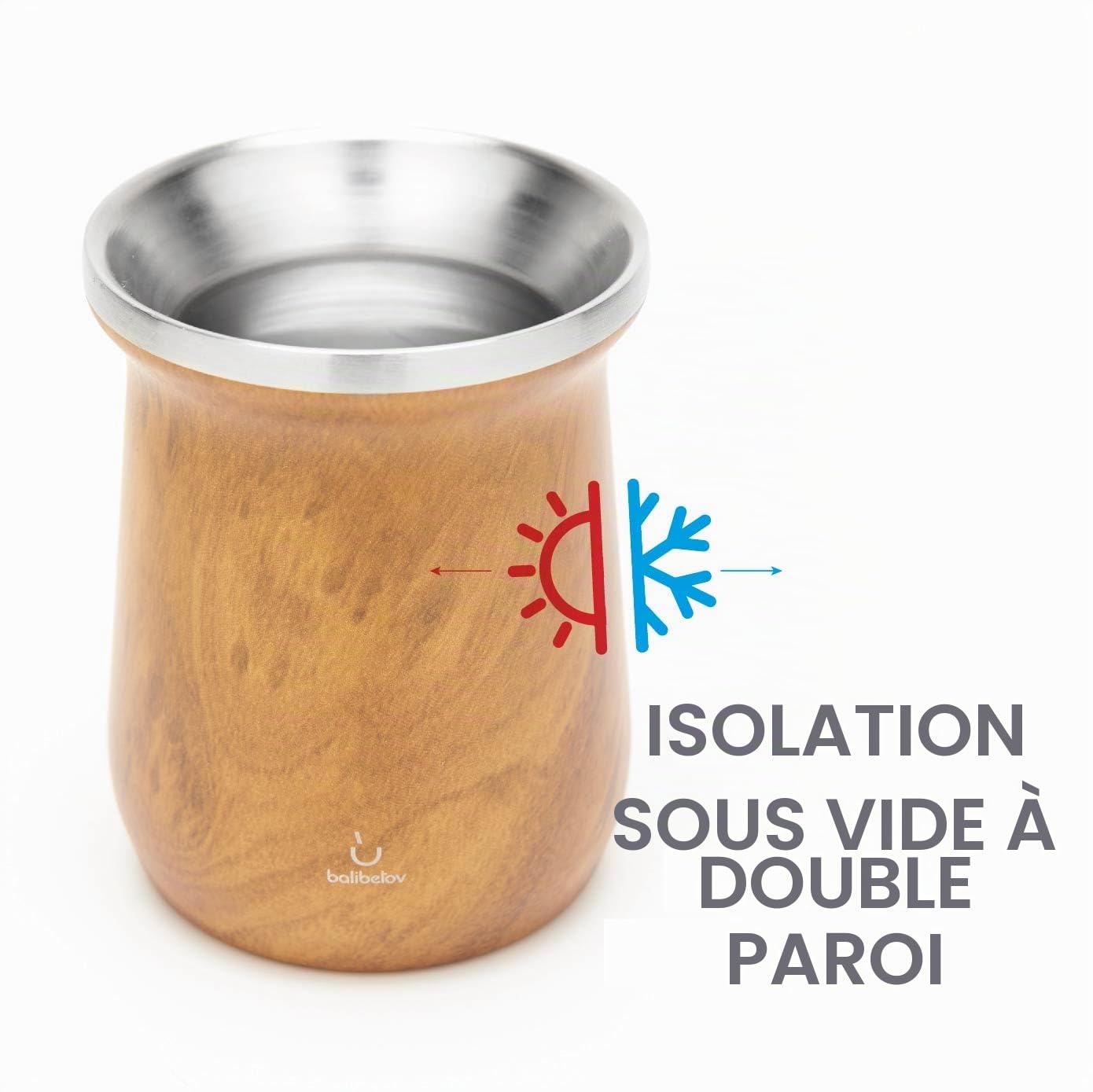 BALIBETOV Moderne Calebasse Maté Yerba (Tasse Maté) et Bombilla Maté - Acier Inoxydable 18/8 à Double Paroi - Comprend Deux Bombillas et Une Brosse de Nettoyage (Bois)