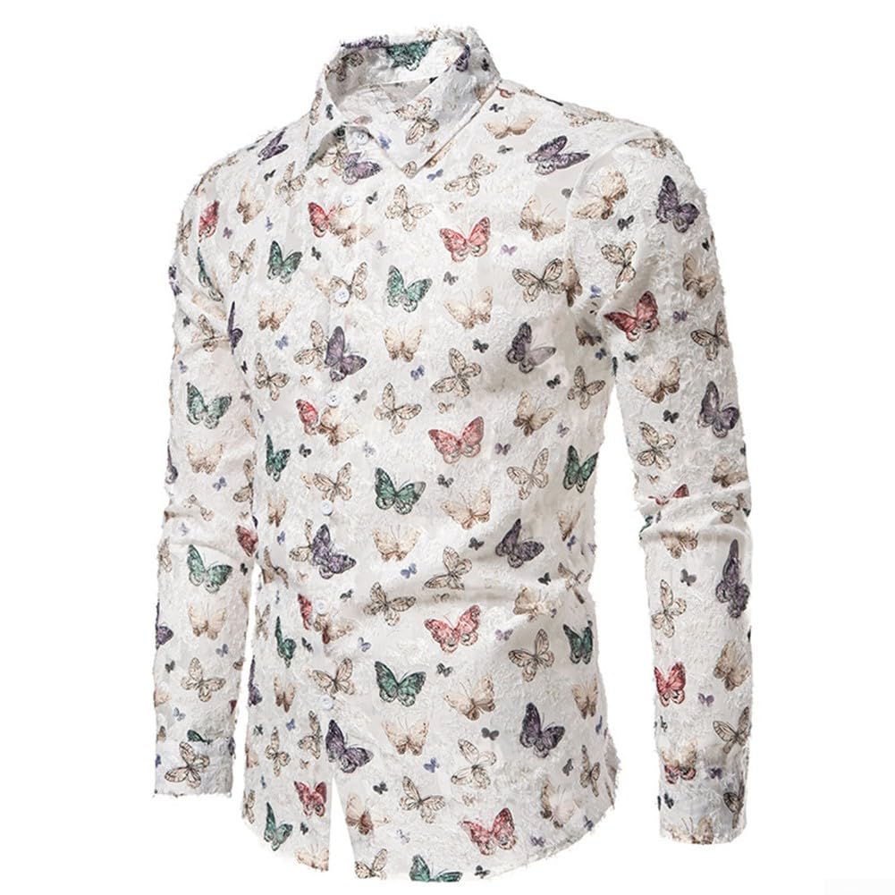 Chemise à manches longues à la mode avec motif papillon pour homme (Couleur L)