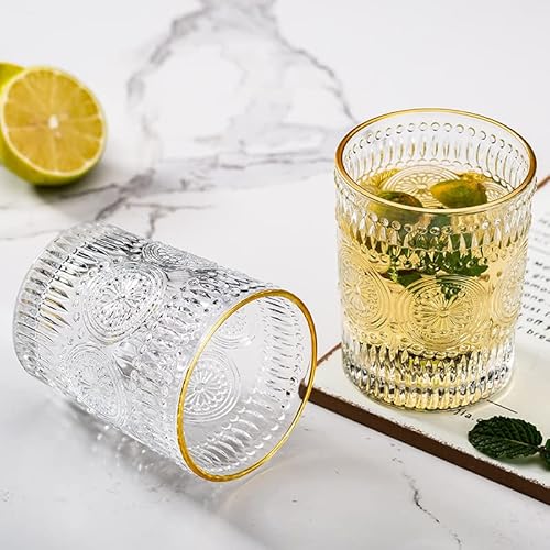Moladri 10.5Oz Vintage Drinking Glasses, Gold Rim Textured Water Glasses Glasswear Cups, Cute Tumbler For Coffee, Juice, Whisky, Beer, Cocktail ( Sets Of 2 ) #TOP5