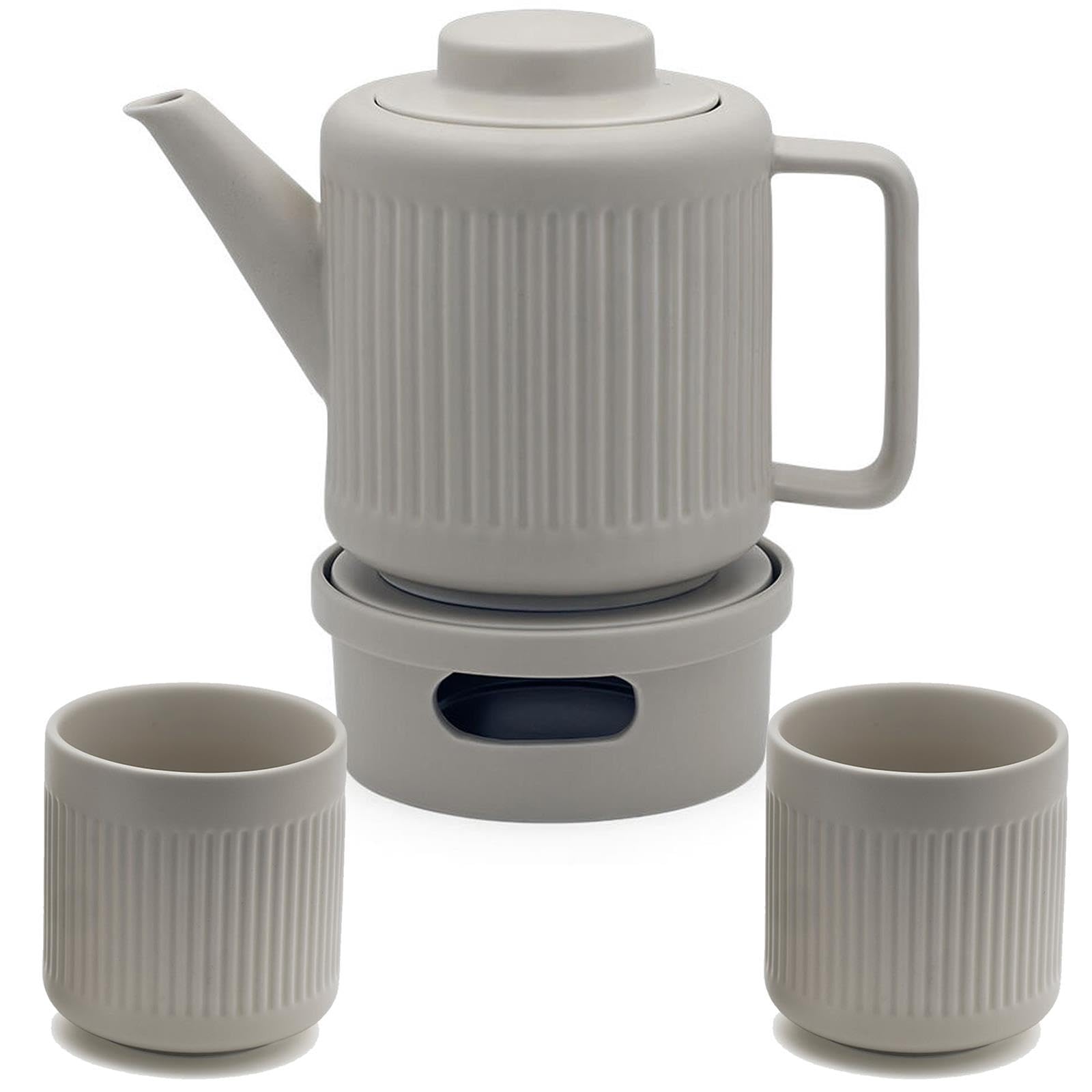 Bredemeijer Teekanne Set 1.2 Liter graues Porzellan mit Edelstahl Tee-Filter Sieb-Einsatz für losen Tee & Teebecher 2 Stück & Stövchen für 1 Teelicht - ideal für duftende & blumige Teesorten