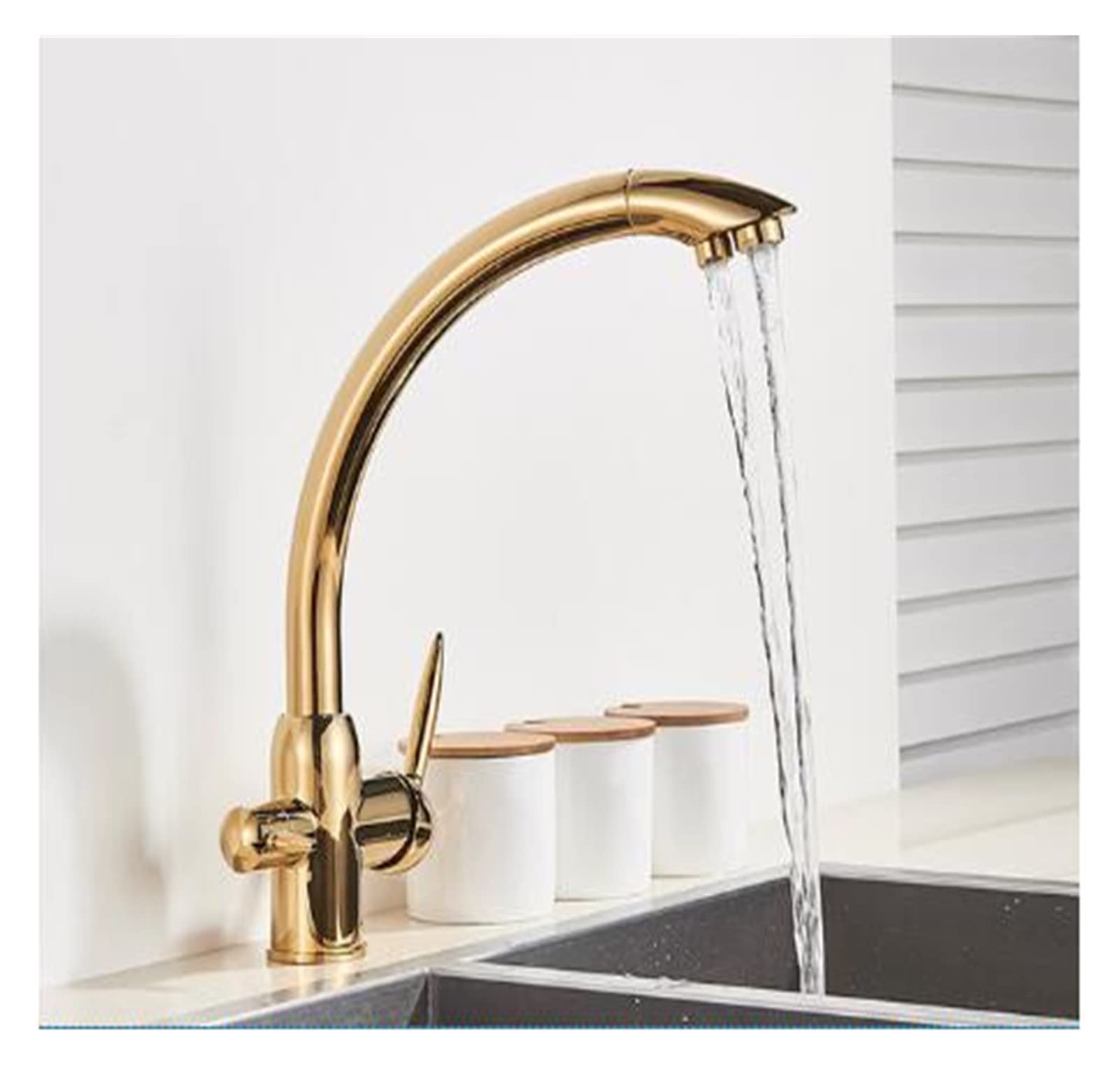 Robinet de cuisine blanc à 3 voies filtration intégrée et double sortie eau - Modèle Or doré