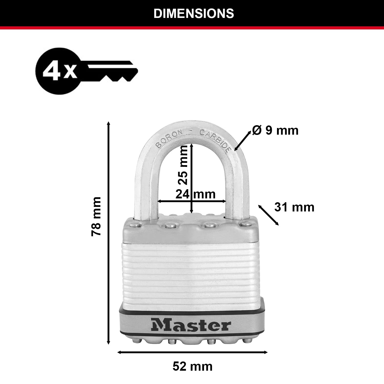 Master Lock M5EURT Candado Seguridad Llaves Acero Laminado Exterior, Arco Normal, Adecuado para Portales, Garages, Sótanos, plateado, 50 mm, Set de 2 Piezas