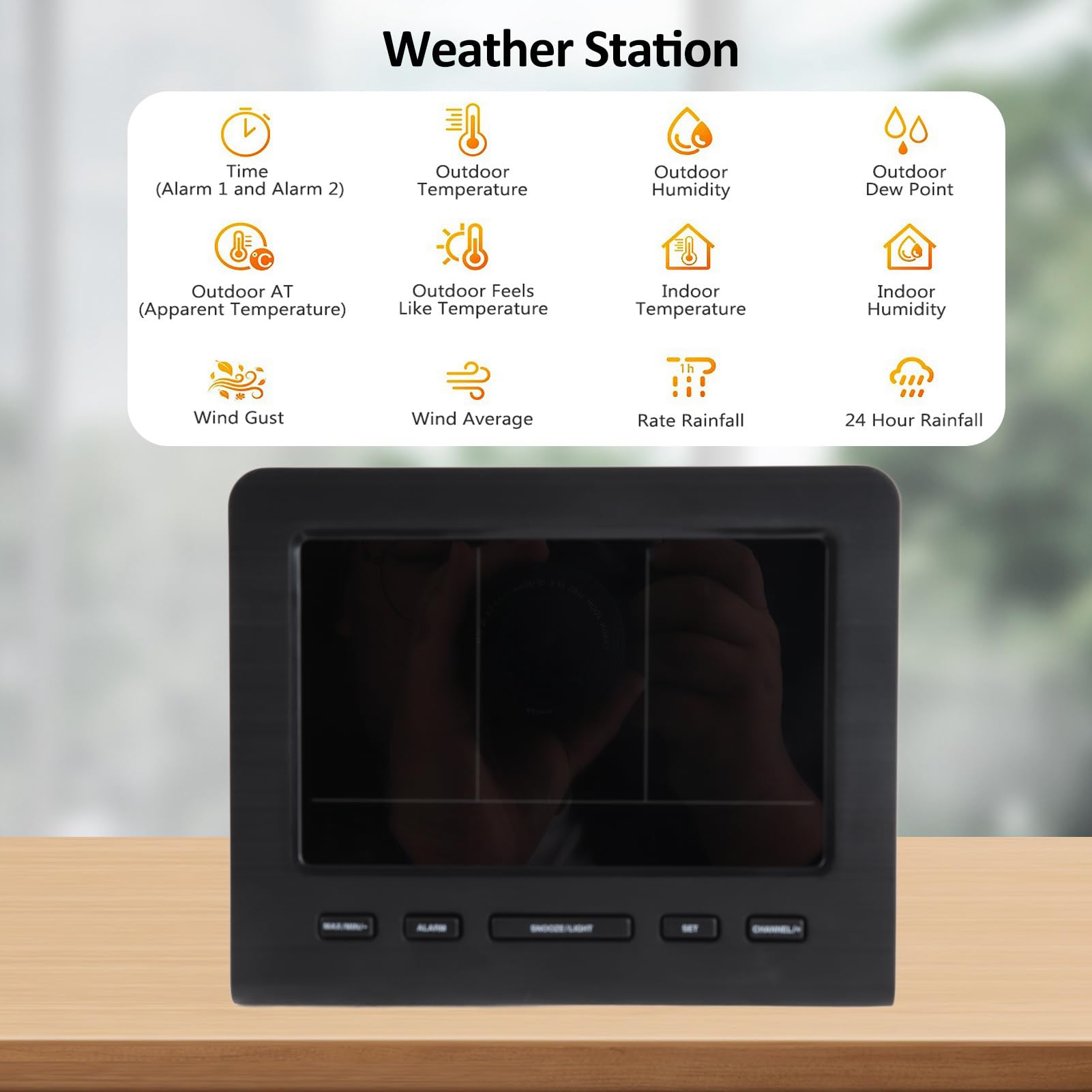 Bezprzewodowa stacja pogodowa z czujnikiem zewnętrznym i kolorowym wyświetlaczem LCD, mierzy temperaturę, wilgotność, ciśnienie powietrza, prędkość wiatru, opady deszczu i fazę