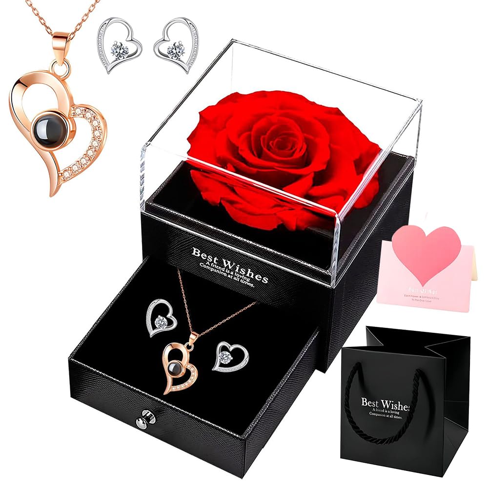 Rnpkz Women's Red, Gold, Silver Preserved Real Rose Gift Box, Eternal Rose Gifts With Necklace & Earrings, Forever Preserved Rose Gifts For Mum Mother Wife Girlfriend On Mothers Day Birthday Anniversary Valentines Day