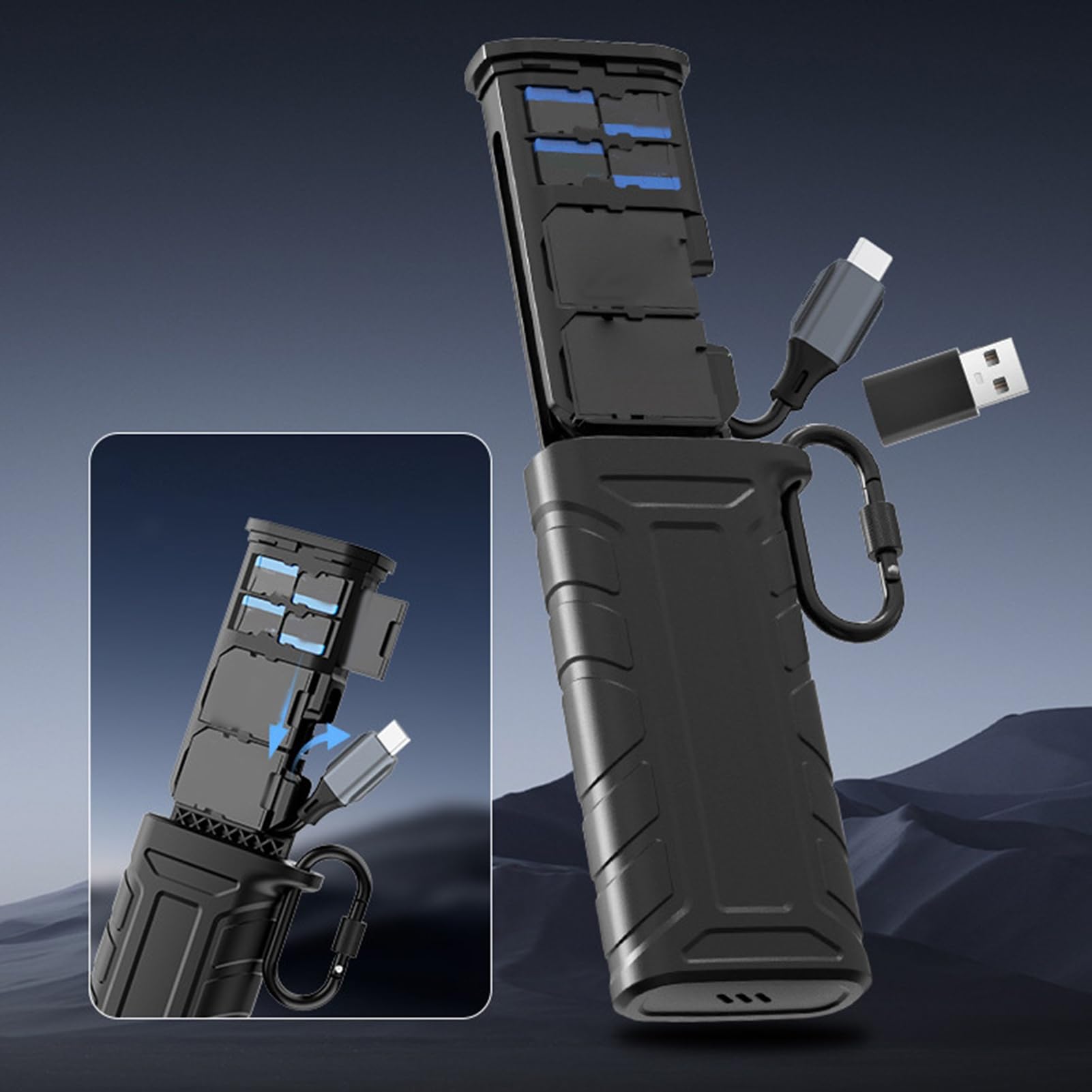 Lecteur de Cartes, USB 3.2 Type C, Lecteur de Carte Mémoire Flash, Boîte de Rangement avec Câble intégré et Protection IP54, de Cartes Haute Vitesse pour Appareil Photo,