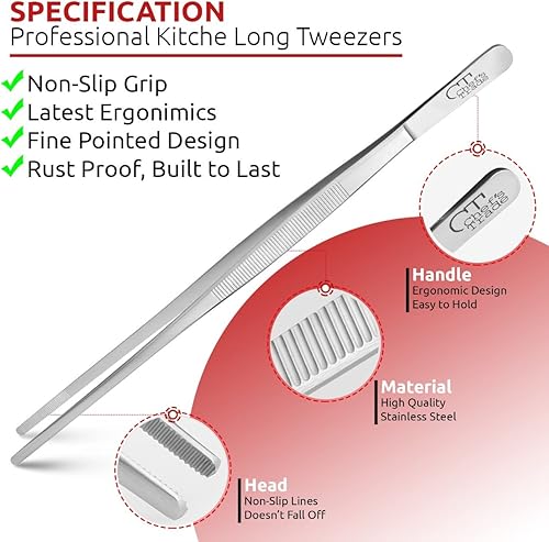 Miniatura 8 de Chef's Trade Pinzas profesionales de cocina y cocina, pinzas de acero inoxidable de 12 pulgadas, multiuso