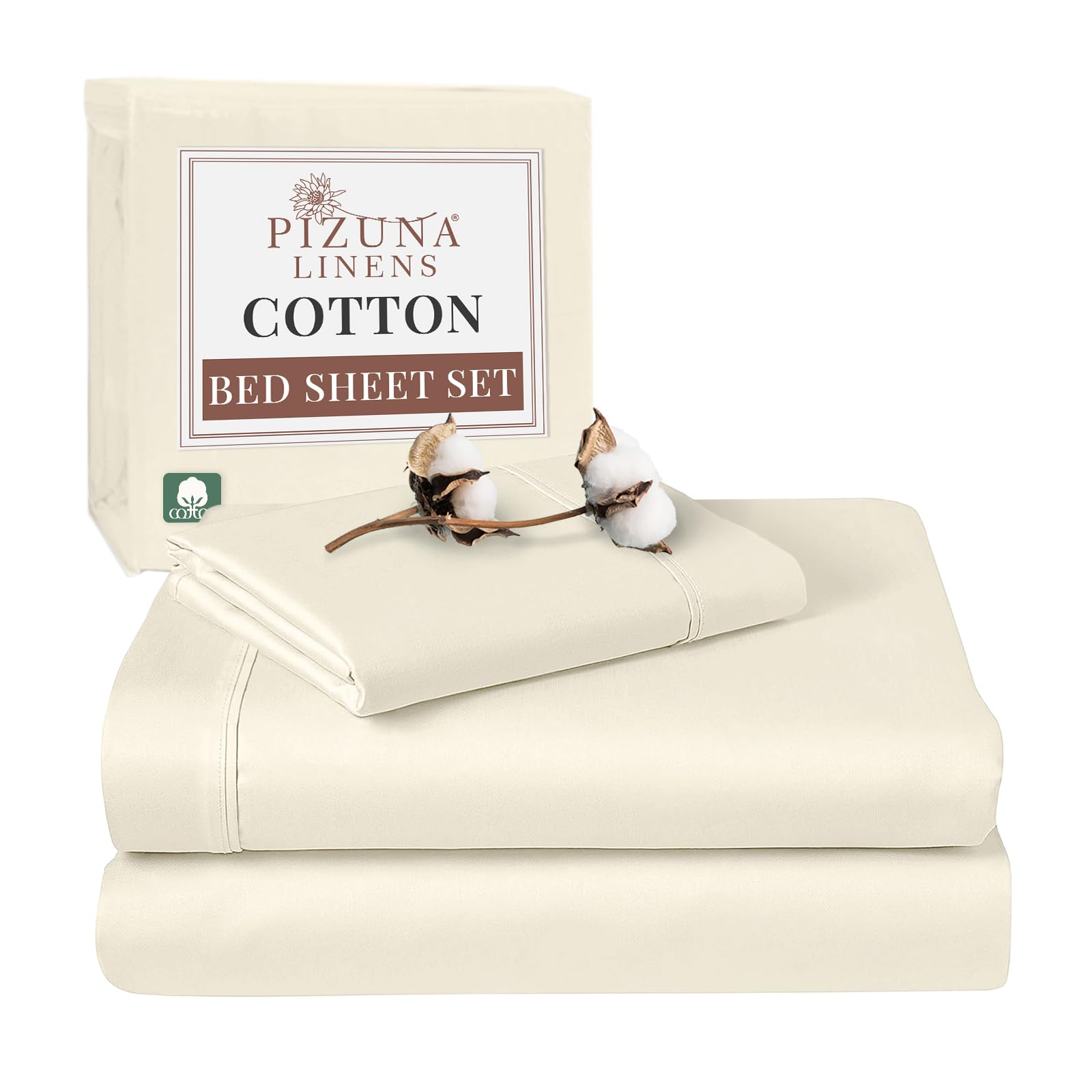 Pizuna New Ivory 100% Cotton Single Bed Sheet Set Ivory, 400 Thead Count Long Staple Cotton Bedding Set 180X280 Cm, Soft Sateen 3 Pc Single Bed Sheet Set - Fitted Sheet, Flat Sheet & 1 Pillowcase