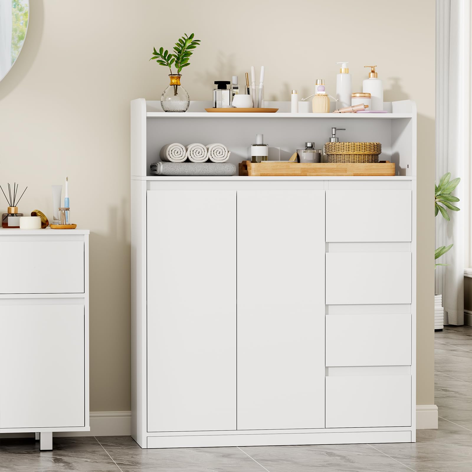 ANWBROAD Badezimmerschrank, Badschrank mit 4 Schubladen, Kommode Badezimmer 2 Schranktüren und 5-lagige Verstellbarer Ablage, Kommode für Badezimmer, Wohnzimmer, Küche, 110 × 80 × 30 cm, Weiß, SBC015W
