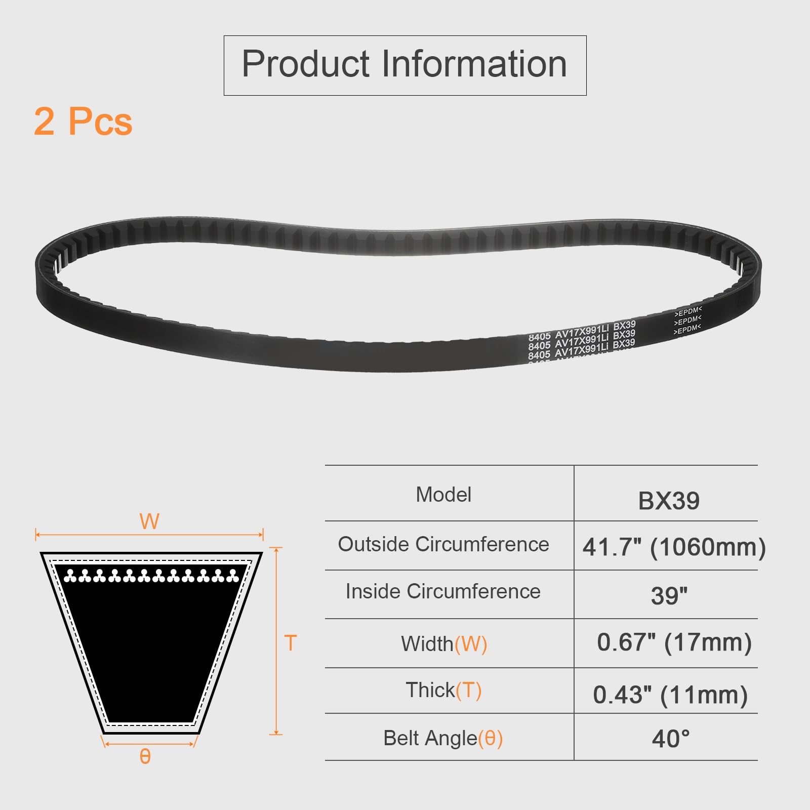 uxcell 2 correas trapezoidales BX39 EPDM, borde sin procesar, de goma industrial, 1,7 cm de ancho x 99 cm de circunferencia interior